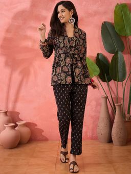 Gahan - Cotton Floral Printed Black Top with Pant & Jacket (Set of 3)