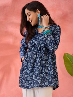 Gahan - Cotton Gathered with Floral Printed Navy Blue Peplum Top