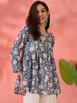 Gahan - Cotton Gathered with Floral Printed Off White Peplum Top