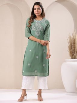 Janasya - Womens Sage Green Georgette Embroidered Straight Kurta