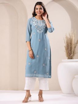 Janasya - Womens Light Blue Georgette Embroidered Straight Kurta