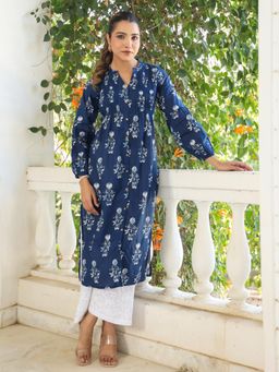 Janasya - Womens Indigo Pure Cotton Floral Printed Pleated Kurta