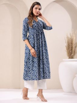 Janasya - Womens Blue Pure Cotton Floral Printed A-Line Kurta