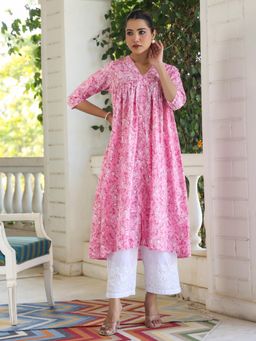 Janasya - Womens Pink Pure Cotton Floral Printed Empire Kurta