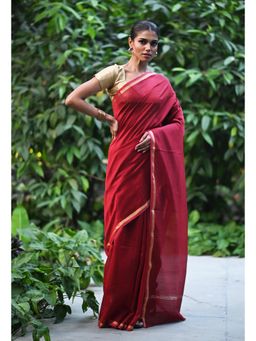 Unnati Silks - Maroon Plain Chanderi Sico Saree & Kalamkari Unstitched Blouse UNM81553