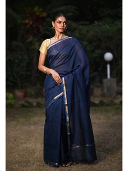 Unnati Silks - Navy Blue Plain Chanderi Sico Saree & Kalamkari Unstitched Blouse