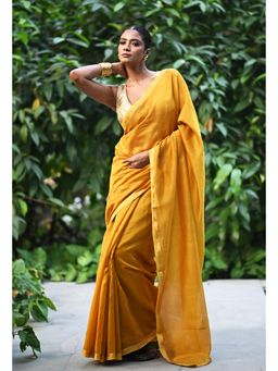 Unnati Silks - Yellow Plain Chanderi Sico Saree & Kalamkari Unstitched Blouse UNM81555