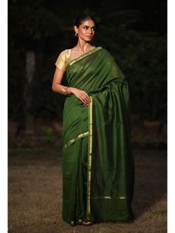 Unnati Silks - Green Plain Chanderi Sico Saree & Kalamkari Unstitched Blouse UNM81556