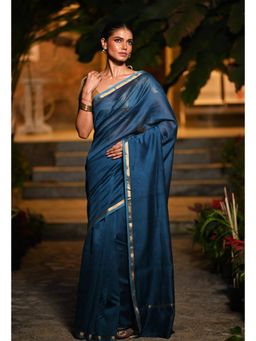 Unnati Silks - Blue Plain Chanderi Sico Saree & Kalamkari Unstitched Blouse UNM81558