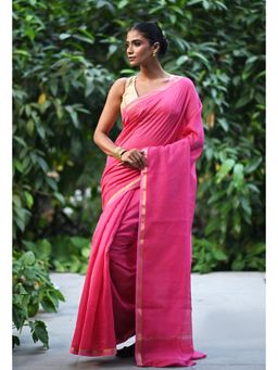 Unnati Silks - Pink Plain Chanderi Sico Saree & Kalamkari Unstitched Blouse UNM81559