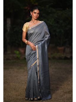 Unnati Silks - Grey Plain Chanderi Sico Saree & Kalamkari Unstitched Blouse UNM81560