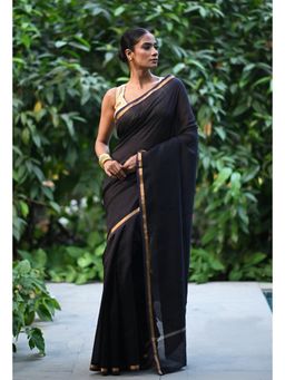 Unnati Silks - Black Plain Chanderi Sico Saree & Kalamkari Unstitched Blouse UNM81562