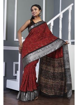 Unnati Silks - Red Ajrakh Floral Printed Soft Silk Saree & Unstitched Blouse UNM81563