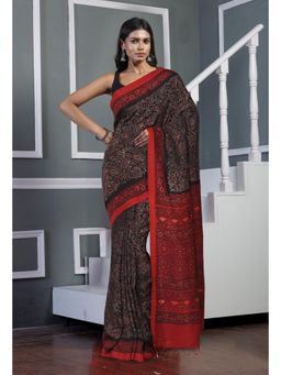 Unnati Silks - Black Ajrakh Printed Soft Silk Saree & Unstitched Blouse UNM81570