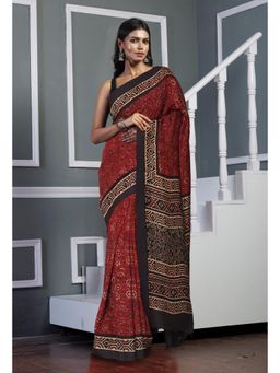 Unnati Silks - Red Pure Ajrakh Printed Soft Silk Saree & Unstitched Blouse - UNM81571
