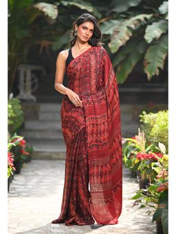 Unnati Silks - Red Pure Ajrakh Printed Soft Silk Saree & Unstitched Blouse - UNM81573