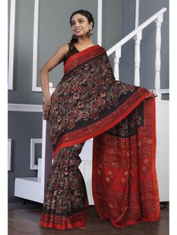 Unnati Silks - Black Ajrakh Printed Soft Silk Saree & Unstitched Blouse UNM81574