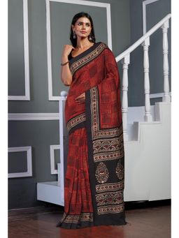 Unnati Silks - Red Pure Ajrakh Printed Soft Silk Saree & Unstitched Blouse - UNM81575