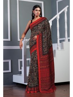 Unnati Silks - Black Ajrakh Printed Soft Silk Saree & Unstitched Blouse UNM81576