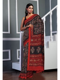 Unnati Silks - Black Ajrakh Printed Soft Silk Saree & Unstitched Blouse UNM81577