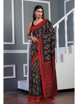 Unnati Silks - Black Ajrakh Printed Soft Silk Saree & Unstitched Blouse UNM81578