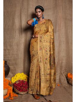 Unnati Silks - Cream Pure Kantha Work Soft Silk Saree & Unstitched Blouse - UNM81580