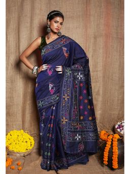 Unnati Silks - Navy Blue Kantha Work Soft Silk Saree & Unstitched Blouse UNM81582