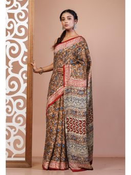 Unnati Silks - Brown Bagru Printed Gaji Soft Silk Saree & Unstitched Blouse UNM81606