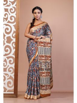 Unnati Silks - Blue Bagru Printed Gaji Soft Silk Saree & Unstitched Blouse UNM81607
