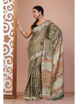 Unnati Silks - Green Bagru Printed Gaji Soft Silk Saree & Unstitched Blouse UNM81608