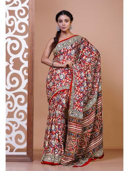 Unnati Silks - Red Bagru Printed Gaji Soft Silk Saree & Unstitched Blouse UNM81609