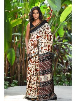 Unnati Silks - Ivory Hand Block Printed Pashmina Sico Saree & Unstitched Blouse