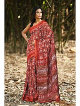 Unnati Silks - Brown Pink Hand Block Printed Pashmina Sico Saree & Unstitched Blouse