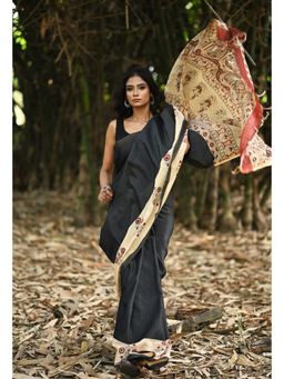 Unnati Silks - Black Hand Block Printed Pashmina Sico Saree & Unstitched Blouse