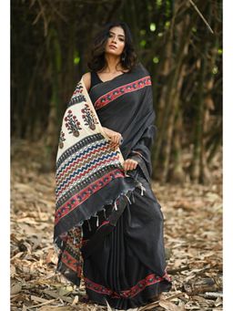 Unnati Silks - Black Hand Block Printed Pashmina Sico Saree & Unstitched Blouse