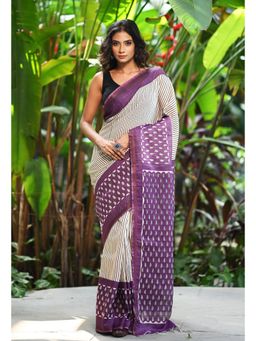 Unnati Silks - Cream Hand Block Printed Pashmina Sico Saree & Unstitched Blouse