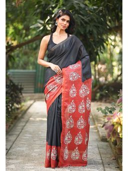 Unnati Silks - Black Hand Block Printed Pashmina Sico Saree & Unstitched Blouse