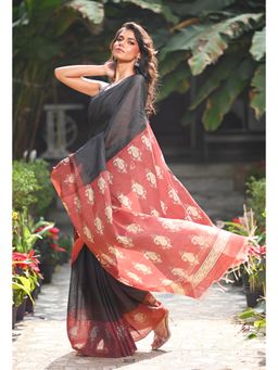 Unnati Silks - Black Hand Block Printed Pashmina Sico Saree & Unstitched Blouse