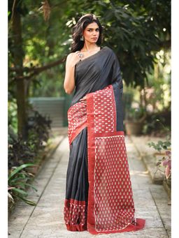 Unnati Silks - Black Hand Block Printed Pashmina Sico Saree & Unstitched Blouse