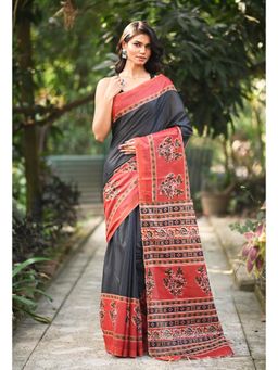 Unnati Silks - Black Hand Block Printed Pashmina Sico Saree & Unstitched Blouse