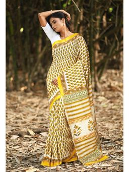 Unnati Silks - Yellow Hand Block Printed Pashmina Sico Saree & Unstitched Blouse