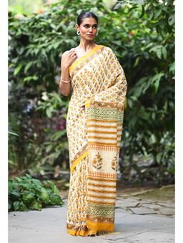 Unnati Silks - Yellow Hand Block Printed Pashmina Sico Saree & Unstitched Blouse