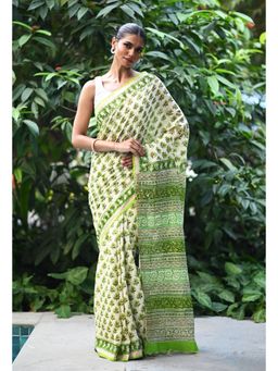 Unnati Silks - Green Hand Block Printed Pashmina Sico Saree & Unstitched Blouse