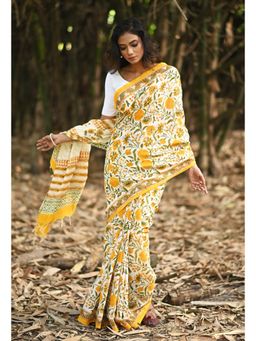 Unnati Silks - Yellow Hand Block Printed Pashmina Sico Saree & Unstitched Blouse