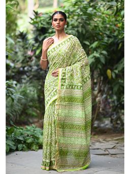 Unnati Silks - Green Hand Block Printed Pashmina Sico Saree & Unstitched Blouse