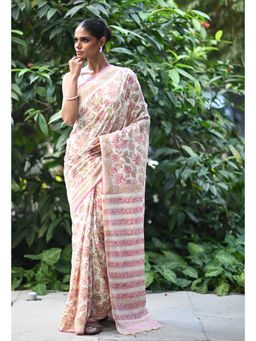 Unnati Silks - Pink Hand Block Printed Pashmina Sico Saree & Unstitched Blouse