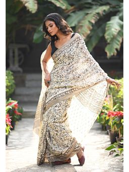 Unnati Silks - Black Embossed Hand Block Pashmina Sico Saree & Unstitched Blouse