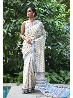 Unnati Silks - Blue Embossed Hand Block Pashmina Sico Saree & Unstitched Blouse