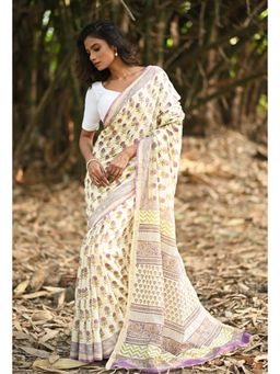 Unnati Silks - Lavender Embossed Hand Block Pashmina Sico Saree & Unstitched Blouse