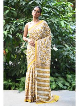 Unnati Silks - Yellow Embossed Hand Block Pashmina Sico Saree & Unstitched Blouse